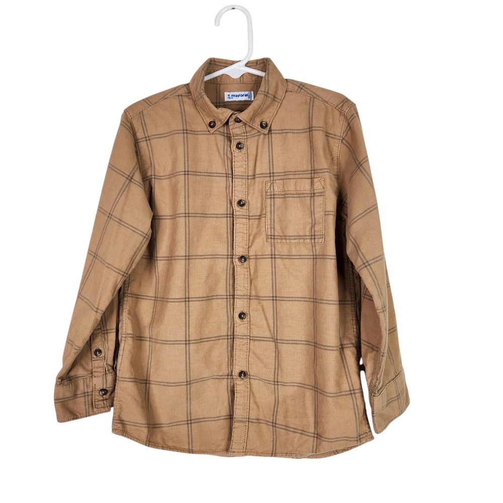 MAYORAL Shirt Boys 6 Beige Plaid Corduroy Button Front Long Sleeve Top Casual
